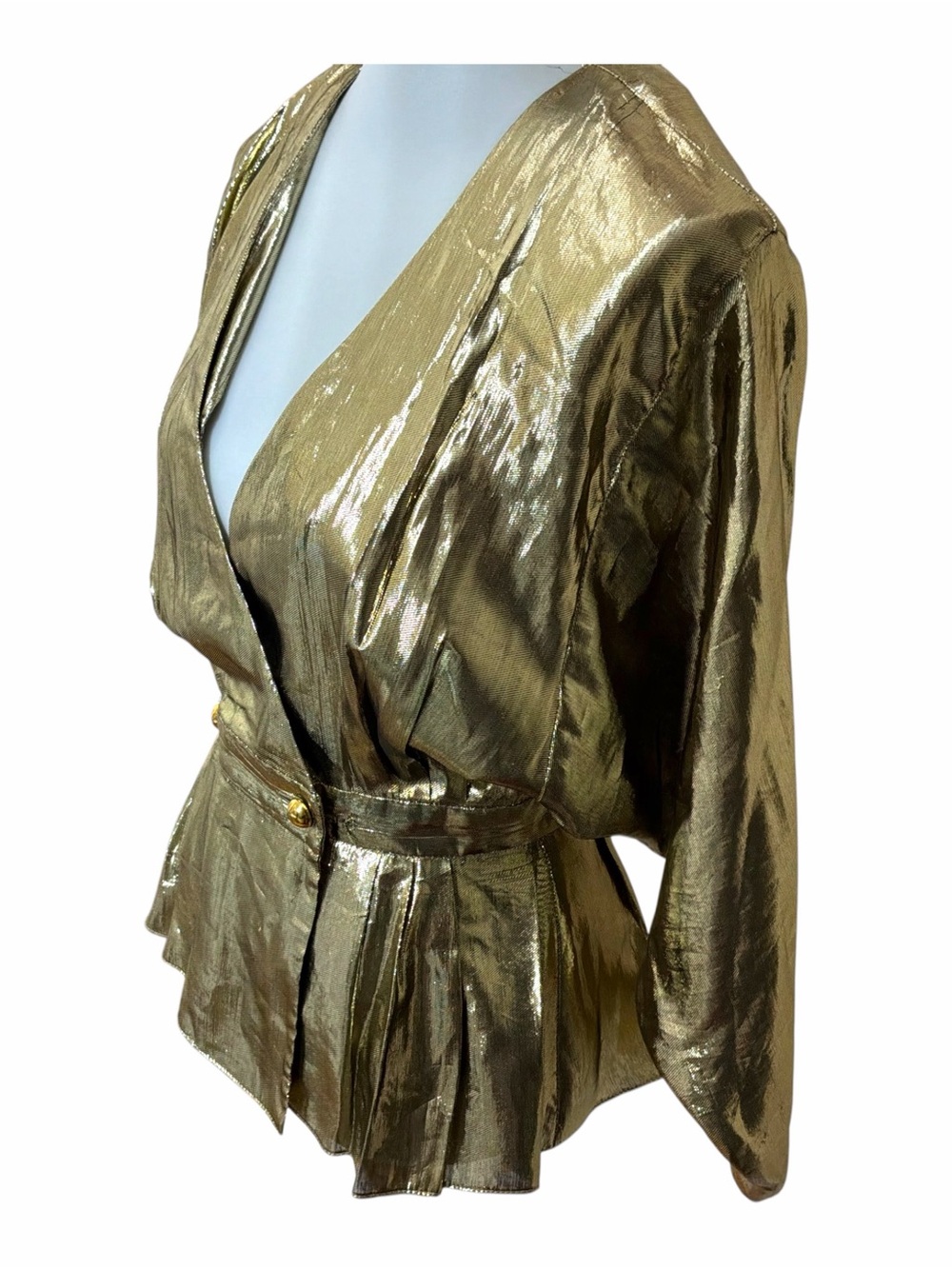 Vintage 1980s Tangents Gold Metallic Lamé Peplum Blouse Batwing Sleeve Glam Top